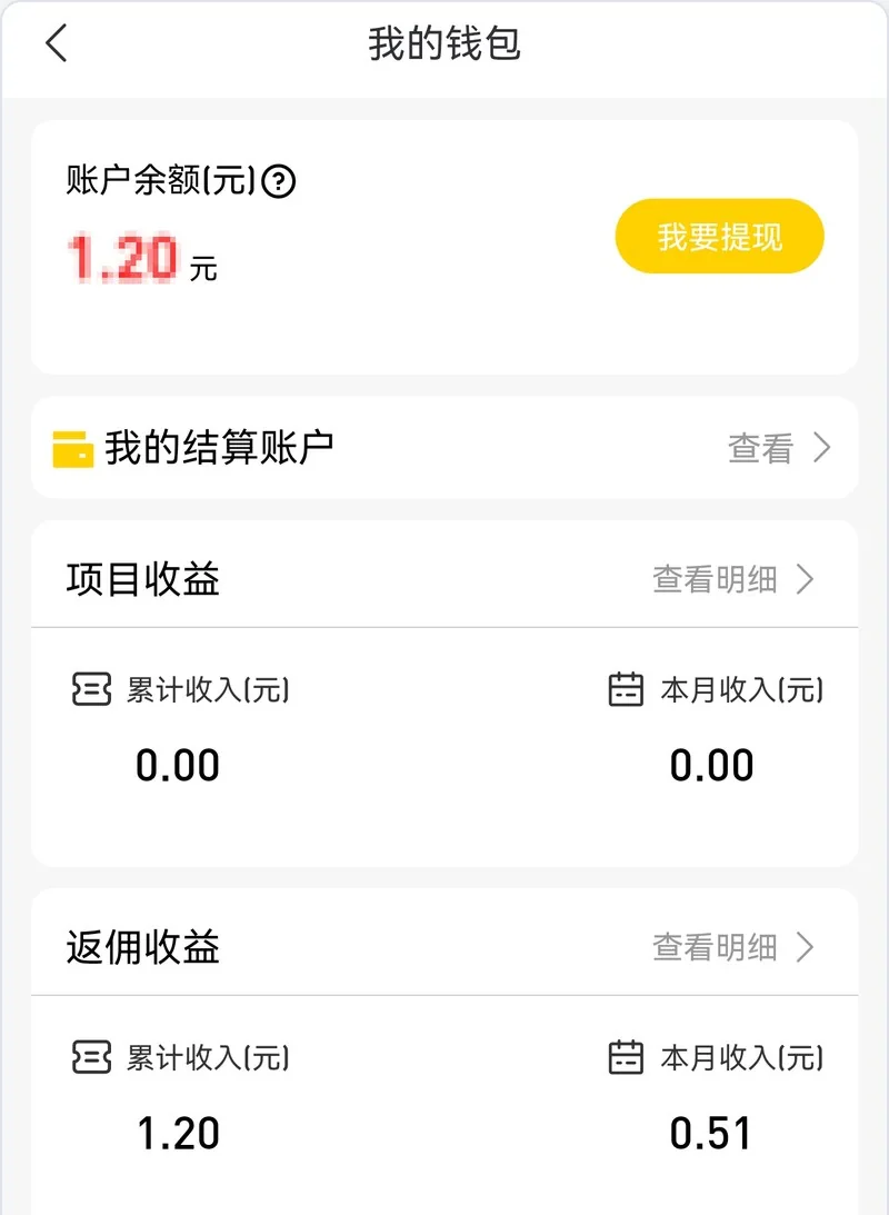我的钱包页面:账户余额与我要提现按钮、我的结算账户入口、项目收益(累计收入与本月收入)、返佣收益(累计收入与本月收入)、我的提现记录,每块右侧都有查看明细入口