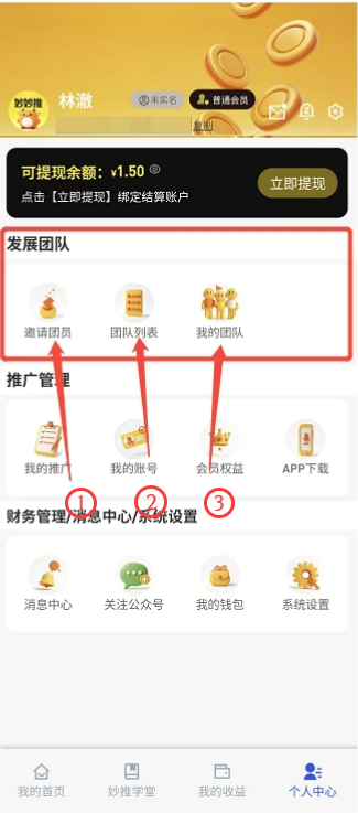 个人中心页面：可提现余额、立即提现入口与发展团队、推广管理等功能分区