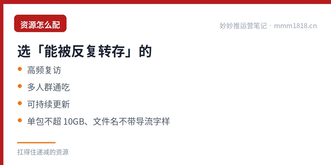 资源怎么配:要能被反复转存,高频复访、多人群通吃、可持续更新