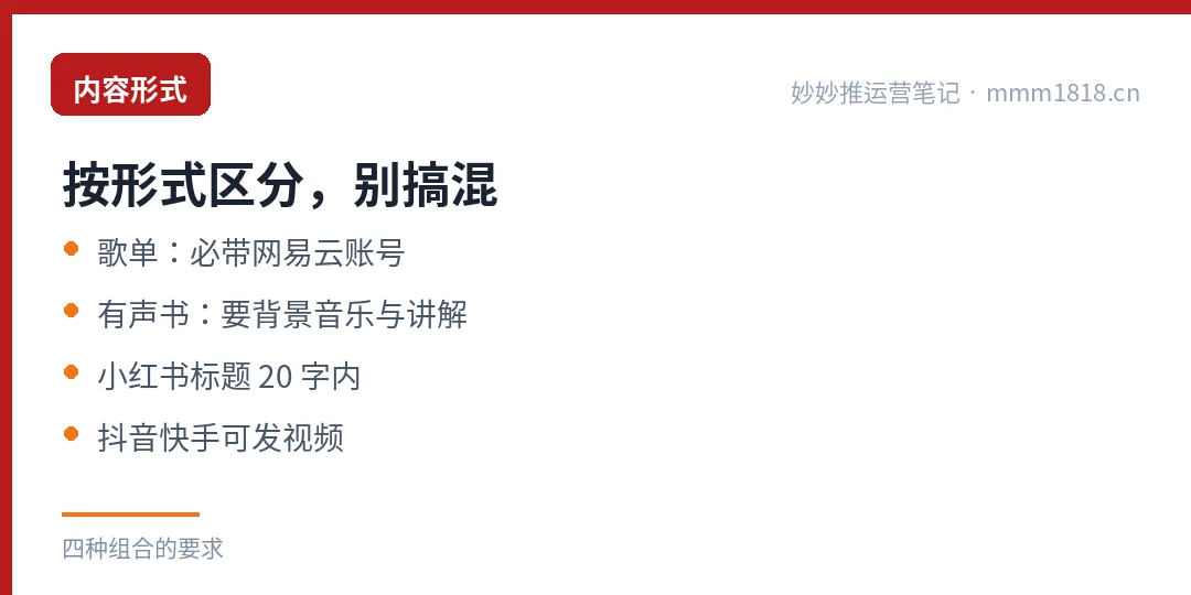 内容要求按形式区分：歌单与有声书的要求不同